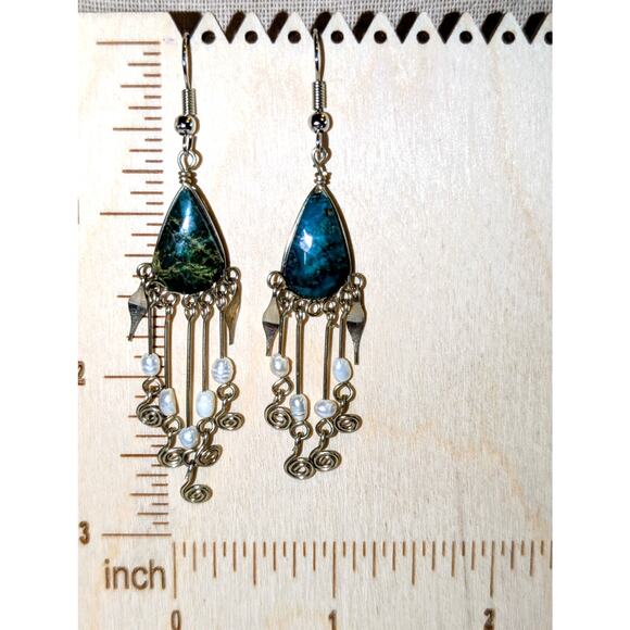 Sterling Pearl Turquoise Dangle Earrings Missing Middle Rod & Pearl - Picture 5 of 5